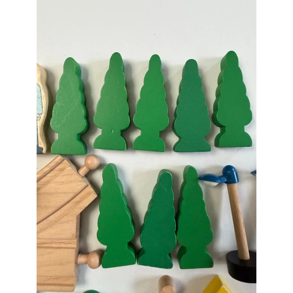 Assortment of Wooden Train  Accessories Track Signs Trees Green Brown